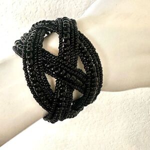 Black braided beaded cuff bracelet
